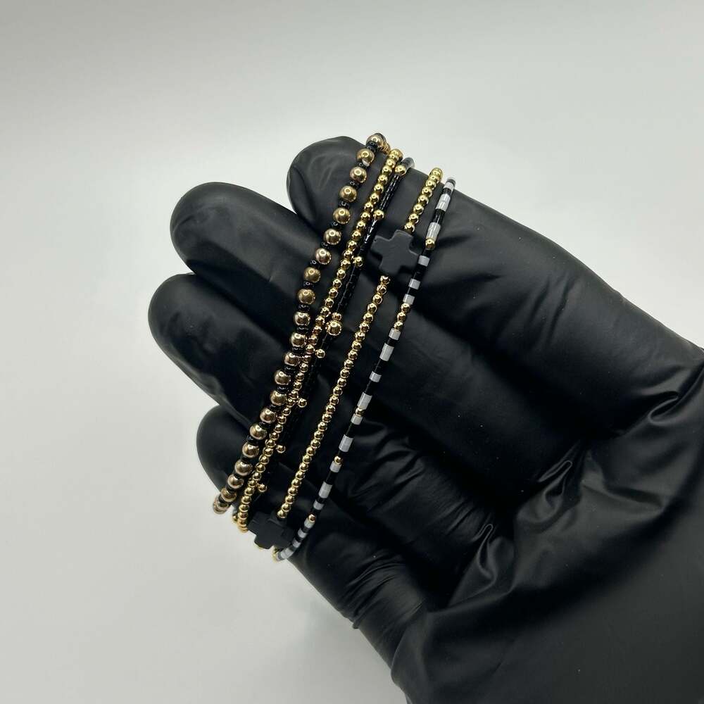 Enewton Inspired Bead Bracelets Waterproof Gold Plated 5 Pc New Stretchy Black